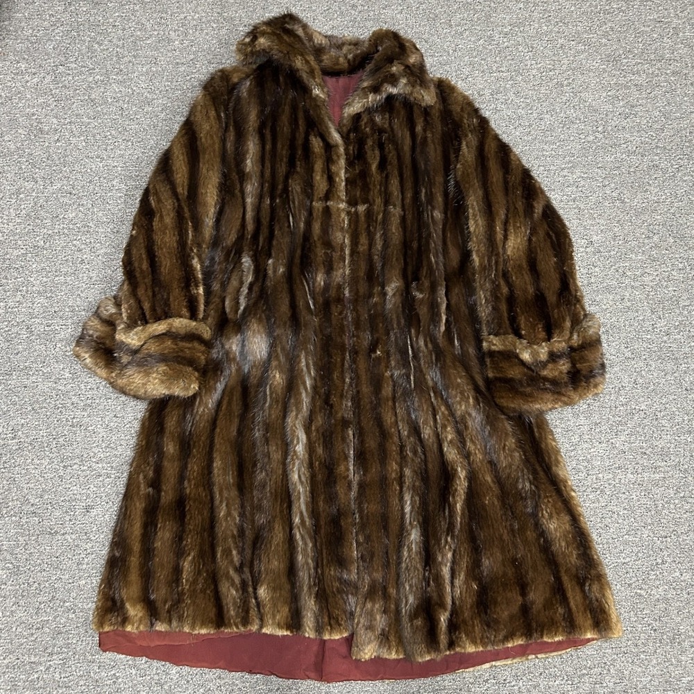 Unbranded Real Fur Coat Womens OS Brown Striped Long Vintage Glam B4
